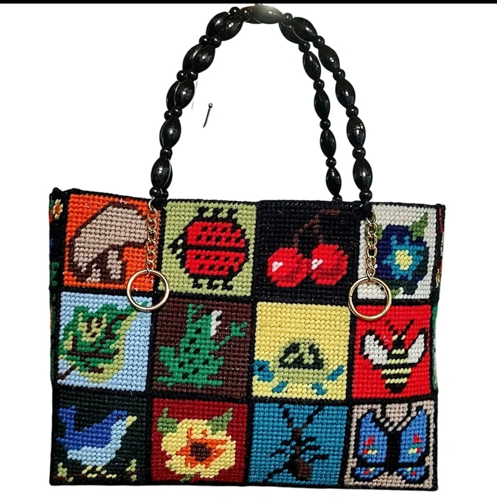 Vintage 70’s Grannycore Needlepoint Handbag with Black Beaded Handles - Picture 1 of 9